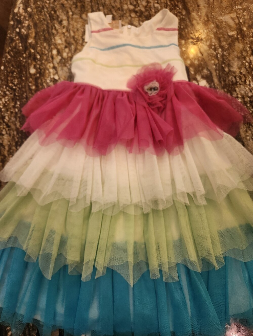 Isobella & Chloe White Dress with Pink, Green, Blue Tulle Skirt